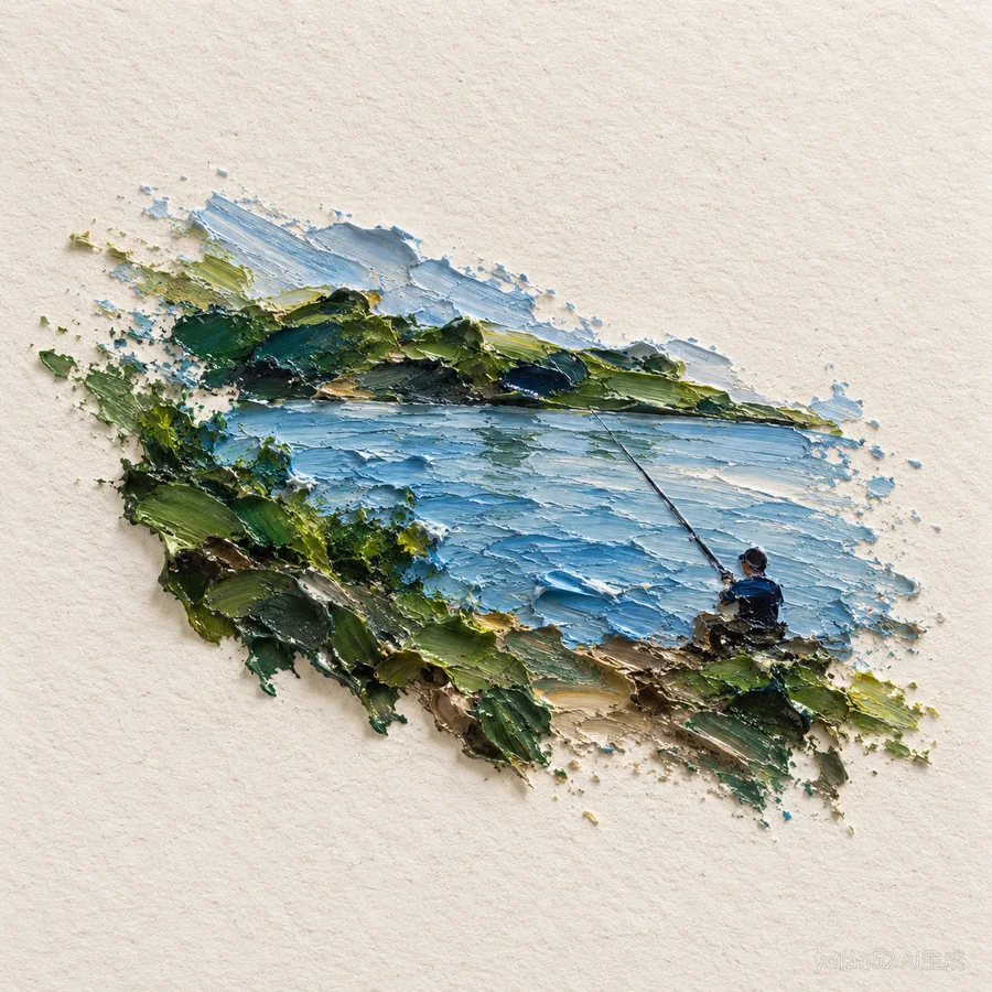 厚涂颜料岛湖岸画面：远岸、湖水与垂钓人物