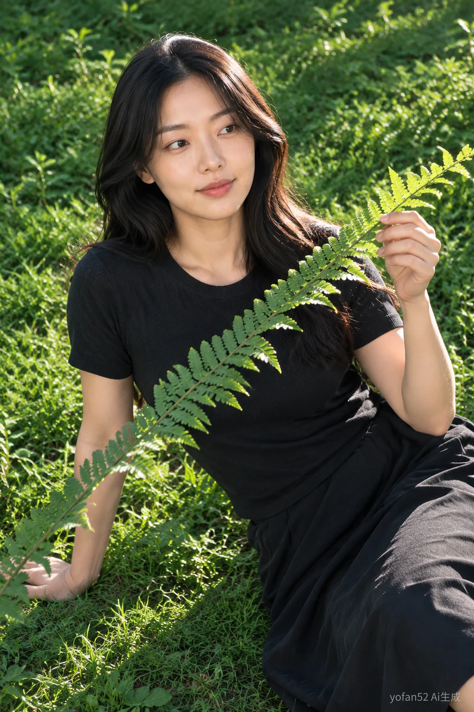 清昼写真 AI 生成结果:黑衣长发人物在绿草地侧倚,手托蕨叶,保留生成水印