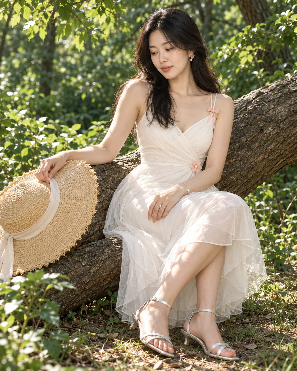 摄影卡 AI 生成结果:浅色连衣裙长发人物坐在林间树干上,手边放着草帽