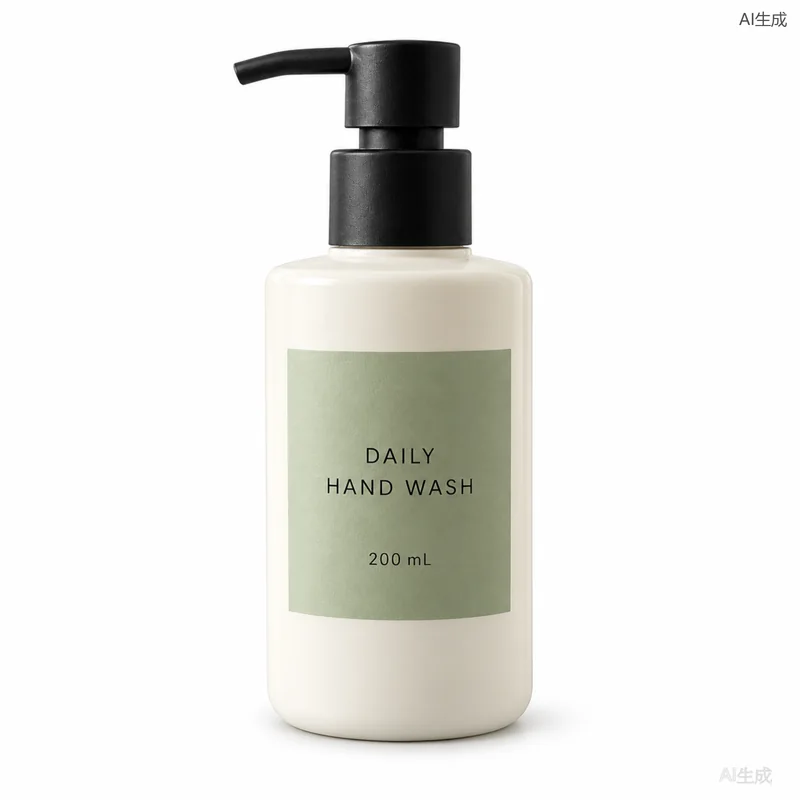 同一瓶 DAILY HAND WASH 洗手液的方形白底导出图,泵头、瓶身与包装字样完整,右上角 AI生成 字样完整。
