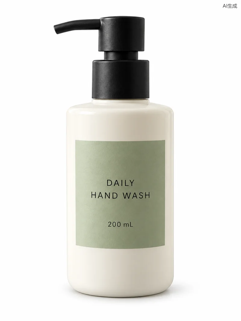 同一瓶 DAILY HAND WASH 洗手液的 3:4 白底导出图,泵嘴、泵头、瓶底与标签文字完整,右上角 AI生成 字样完整。